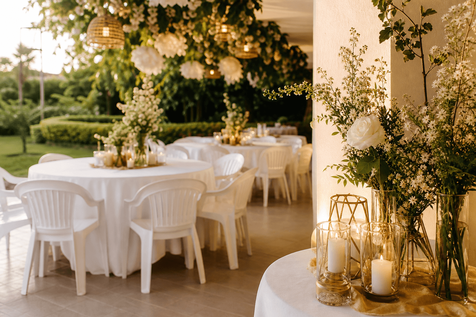 Warm outdoor celebration setup with white tables, chairs, and soft gold accents