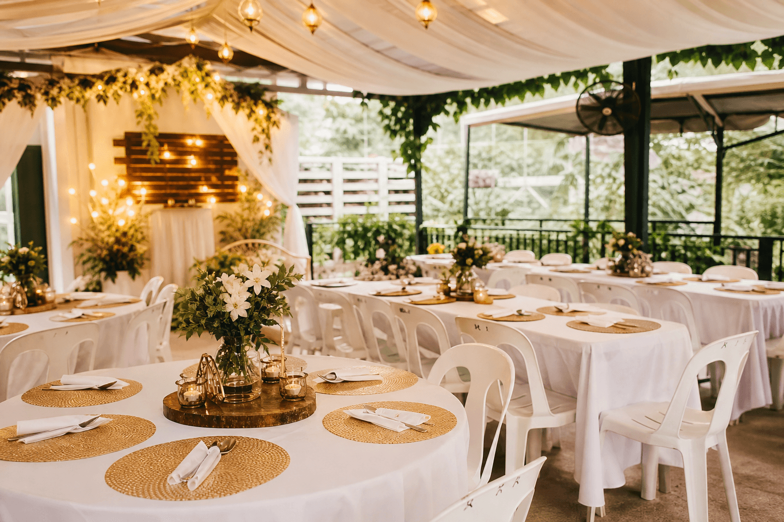 Elegant outdoor celebration setup with white tables and chairs