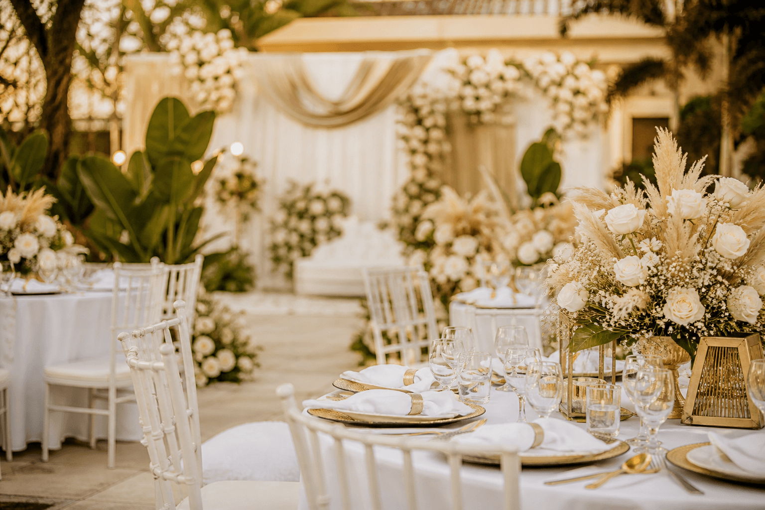 Warm celebration setup with white tables and chairs