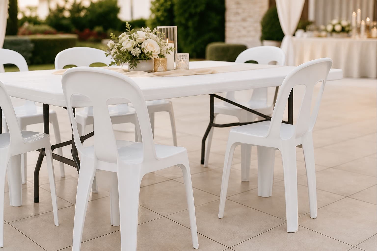 White banquet tables and monobloc chairs arranged for a gathering